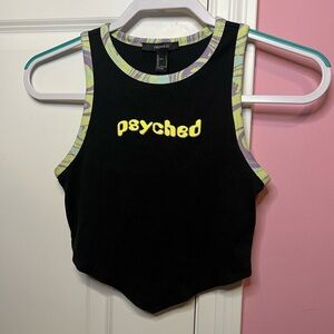 “PSYCHED” Forever 21 Open Back V-Style Crop Top